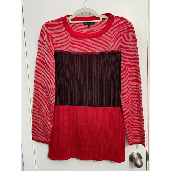 Ming Wang Sweater XS Red Color Block Animal Print Preppy Country Club Artsy NWT - Picture 1 of 6